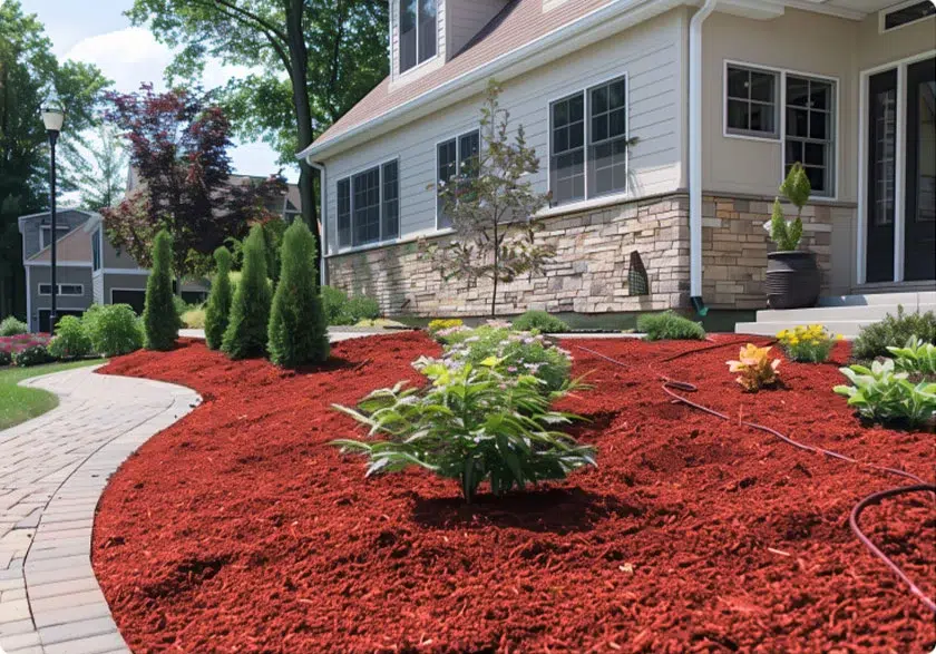Royal Red Mulch landscaping bed in front of house